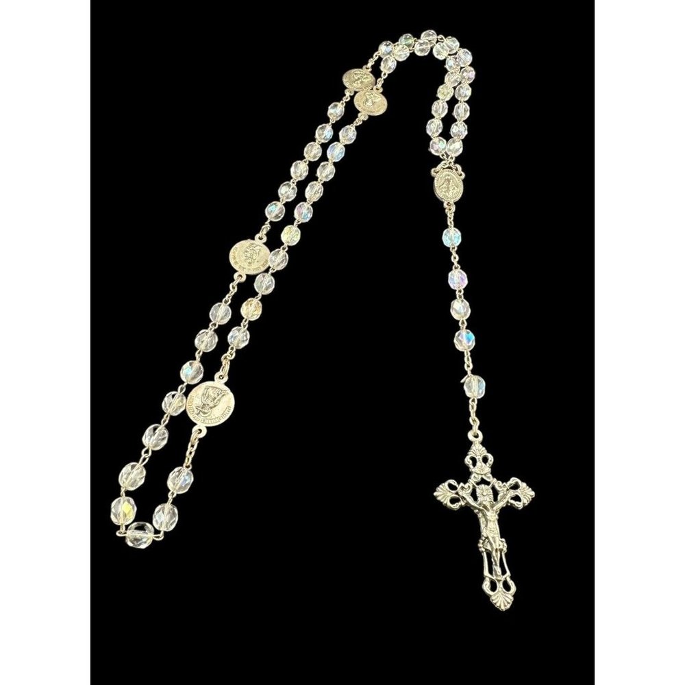 Vintage Signed INRI Cut Aurora Glass Crystal Jesus Rosary ITALY